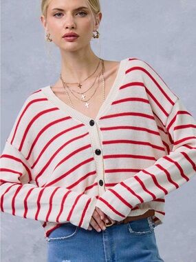 NWT LA MIEL White and Red Striped V-Neck Button Summer Cardigan